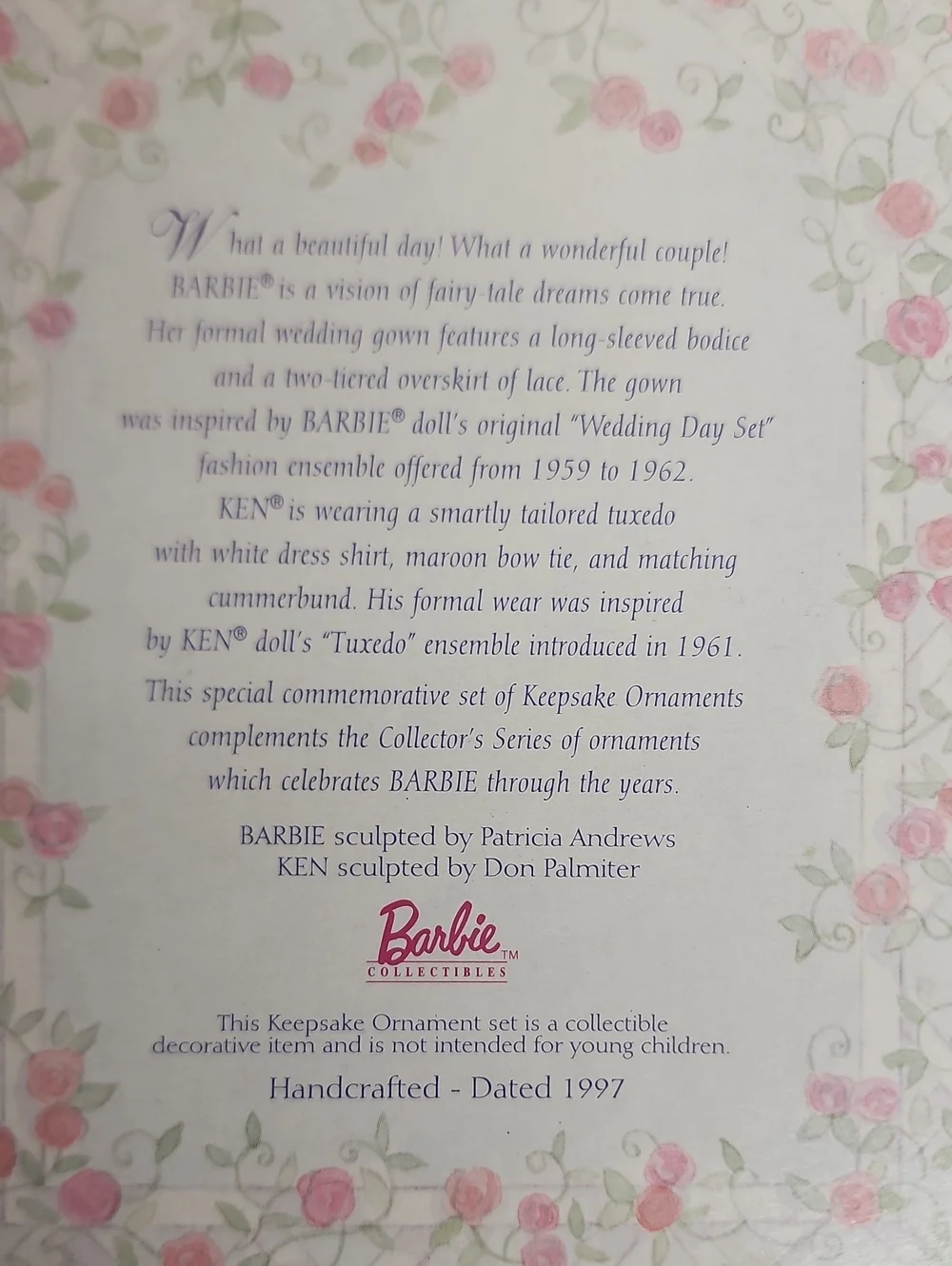 Barbie & Ken Wedding Day Set Keepsake Collector Dolls Ornament Handcrafted 1997